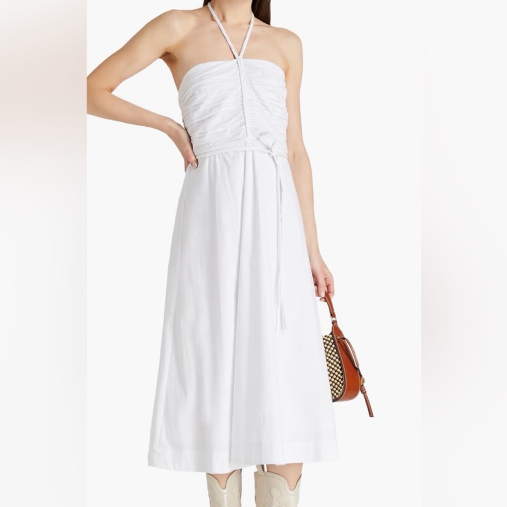 NEW VERONICA BEARD Tucker ruched stretch-cotton poplin halterneck midi dress